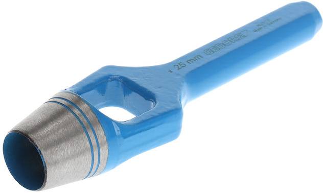 Ein blauer Lederlocher aus Metall mit einer zylindrischen Spitze und Griff, zur Herstellung präziser Löcher in Materialien.