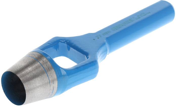 Ein blauer Lochstanzer mit einem silbernen Stanzkopf, der für das Bohren von präzisen Löchern in verschiedenen Materialien verwendet wird.