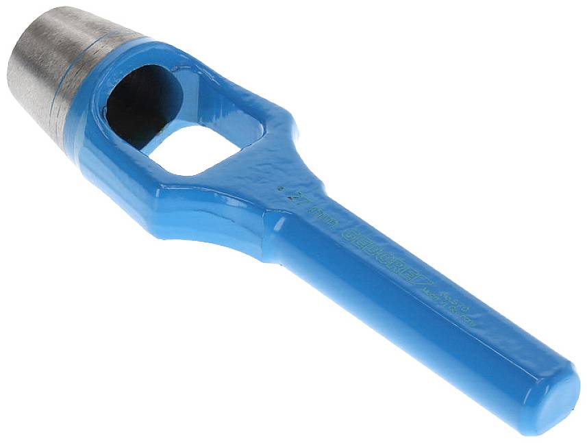 Abgebildet ist ein blauer Gürtellochstanzer aus Metall mit einer runden Schneidfläche. Nutzen: Erstellen von Löchern in Leder oder Stoff.