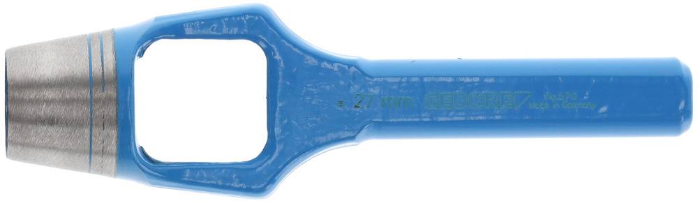 Ein blauer Lochstanzenaufsatz aus Metall und Plastik mit breitem Flansch, zum präzisen Ausschneiden kreisförmiger Formen.