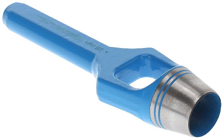 Blauer und silberner Locheisen, hauptsächlich zum Ausstanzen runder Löcher in Ledermaterialien verwendet.