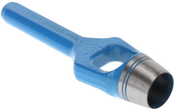 Ein blauer Metall-Lochstanzer mit einem zylindrischen Schneidkopf und einem langen Griff, verwendet zum Stanzen von Löchern in Materialien.