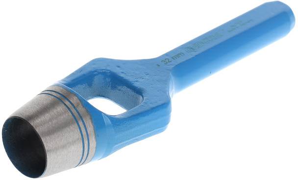 Ein blauer Lederstanzer mit zylindrischem Metallkopf und Griff. Wird verwendet, um runde Löcher in Materialien wie Leder zu stanzen.