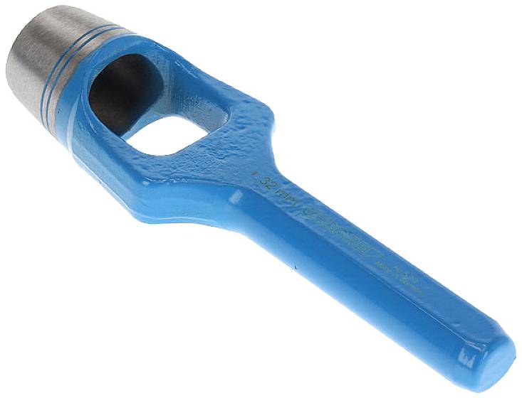 Ein blauer Lochstanzer aus Metall mit einem runden Kopf und einer eckigen Öffnung. Das Werkzeug wird verwendet, um Löcher in Materialien zu stanzen.