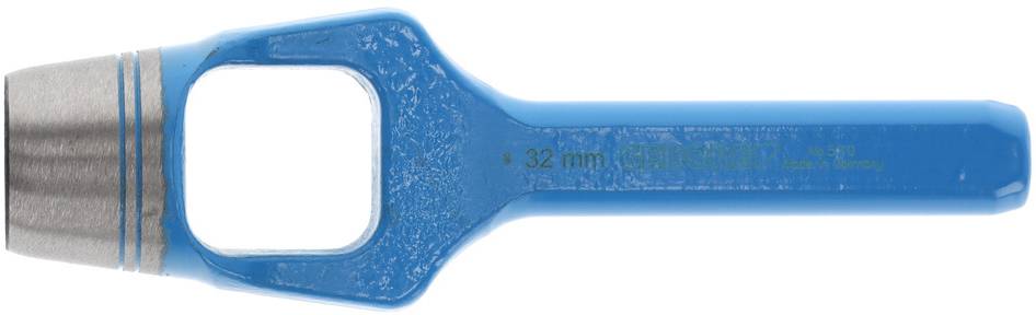 Handwerkzeug mit blauem Griff und Metallklinge, markiert mit '32 mm'. Verwendet zum Schneiden präziser, runder Formen in Materialien.