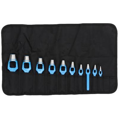 Neun blaue konische Werkzeuge in verschiedenen Größen, ordentlich in einer schwarzen Tasche angeordnet.