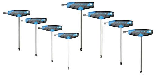 T-Griff-Innensechskantschlüssel in verschiedenen Größen mit blauen und schwarzen Griffen, in einer Reihe angeordnet und ein ergonomisches Design für einfache Handhabung präsentierend.