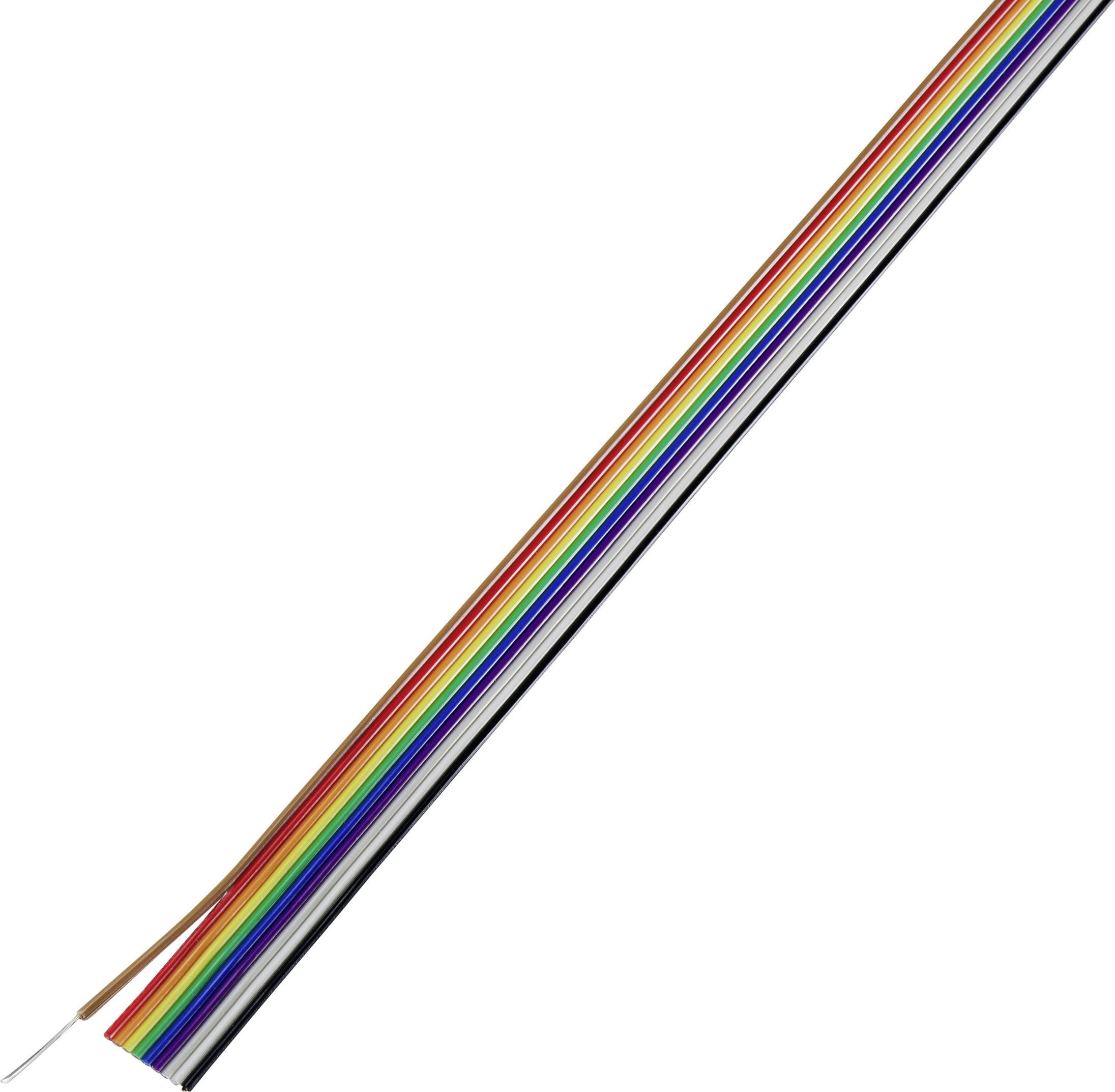 Ein Bündel mehrfarbiger Drähte in den Farben des Regenbogens, symmetrisch und nebeneinander angeordnet.