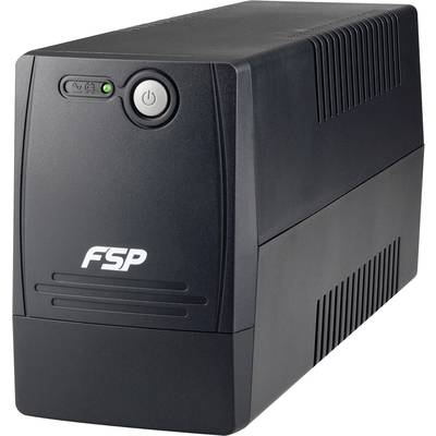 Eine unterbrechungsfreie Stromversorgung (USV) in schwarzem Gehäuse, zeigt Frontansicht mit einem Ein-/Ausschalter und Betriebsanzeige. Ideal für Schutz vor Stromausfällen.