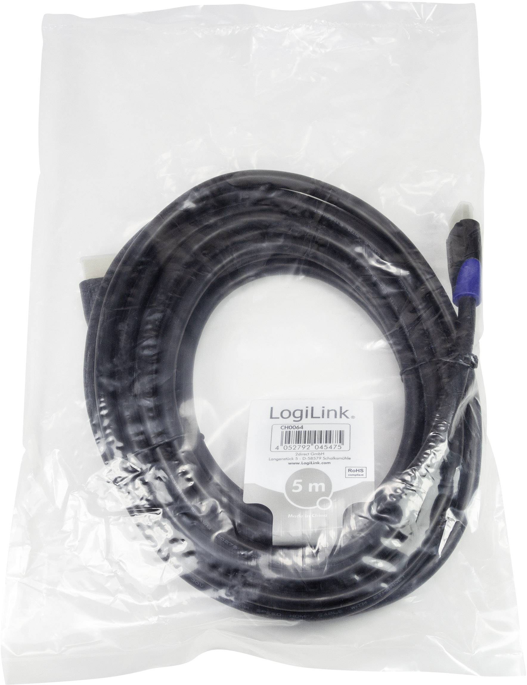 Ein schwarzes HDMI-Kabel von LogiLink, 5 Meter lang, in einer durchsichtigen Plastiktüte verpackt. Hauptsächlich für Audio/Video-Verbindung.
