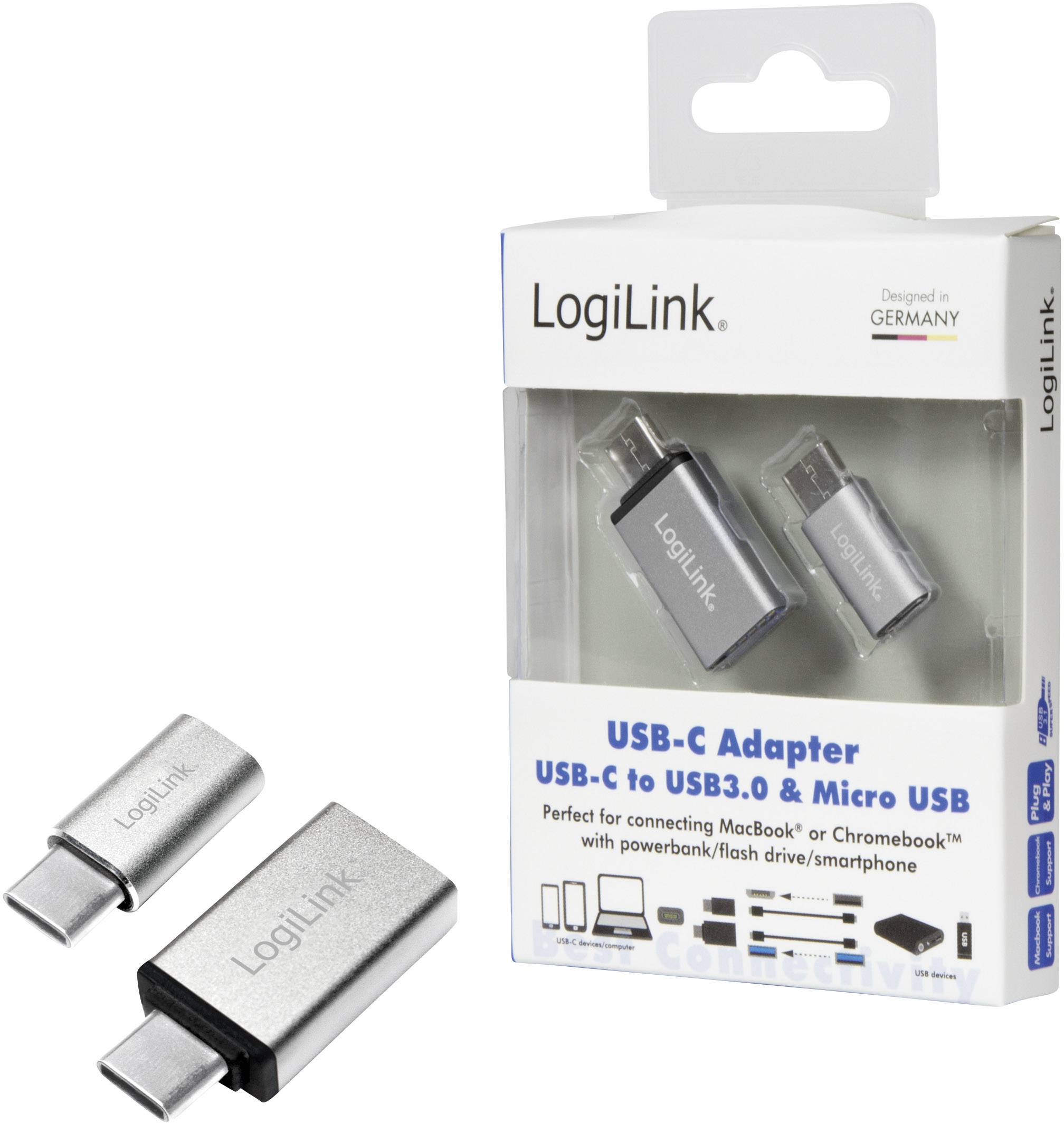 'LogiLink USB-C Adapter, USB-C zu USB3.0 & Micro USB' auf Verpackung neben den Adaptern. Geeignet für MacBook und Chromebook.