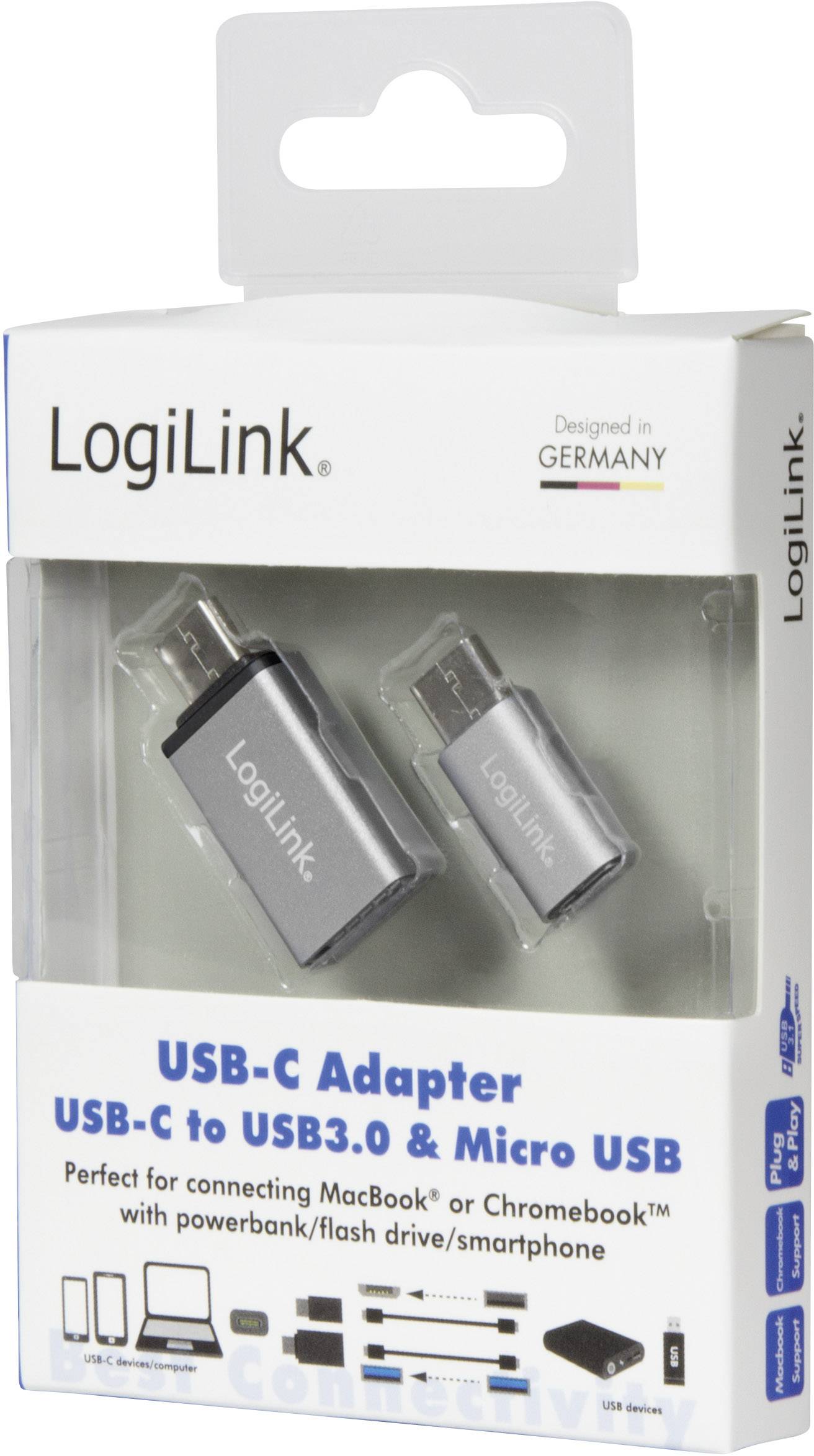 'LogiLink USB-C Adapter, USB-C zu USB3.0 und Micro USB. Ideal zum Anschließen von MacBook oder Chromebook mit verschiedenen Geräten.'