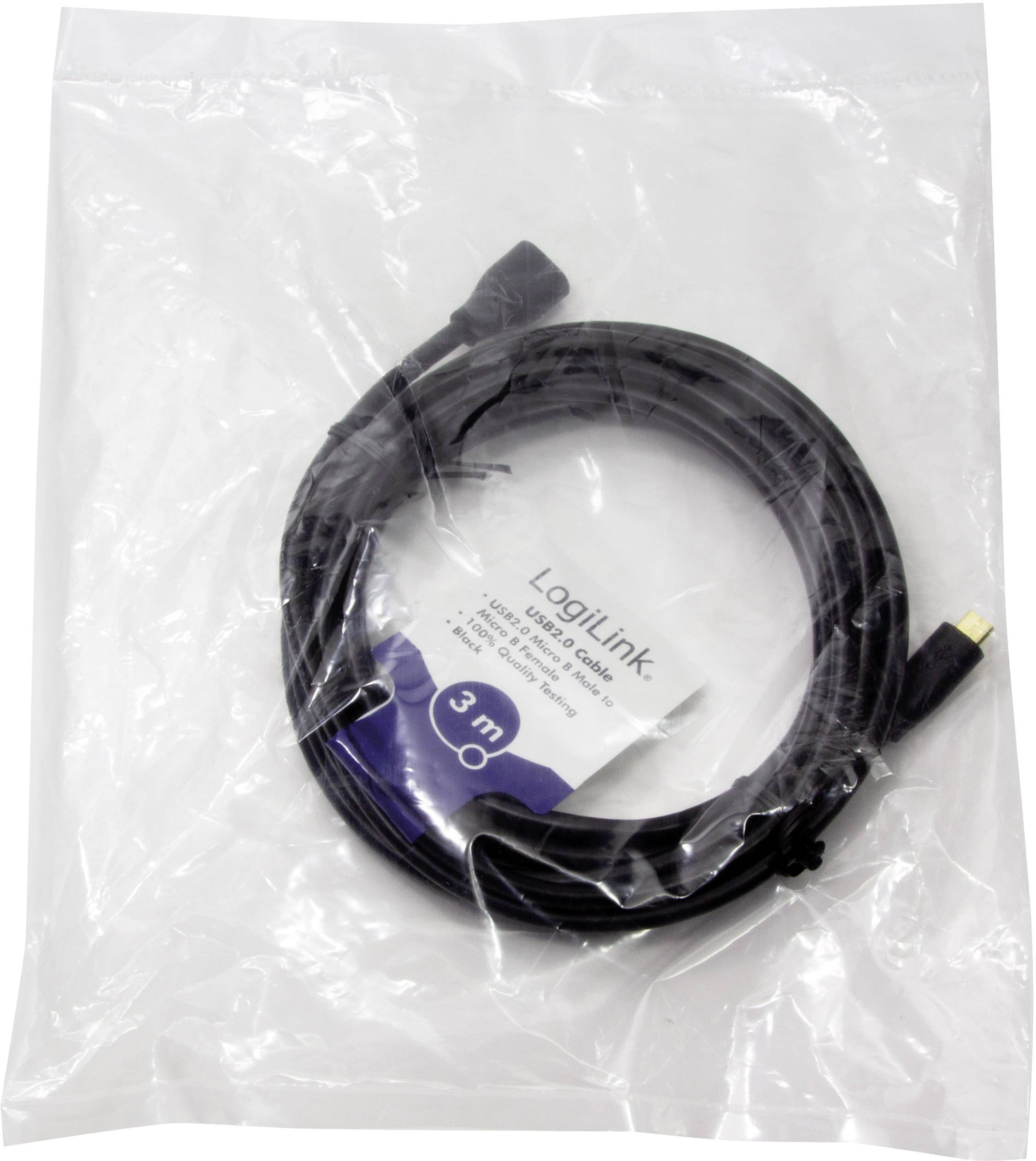 Ein verpacktes LogiLink USB-Kabel, 3 Meter lang, in einer durchsichtigen Plastiktüte. Das Kabel hat einen USB-Anschluss.
