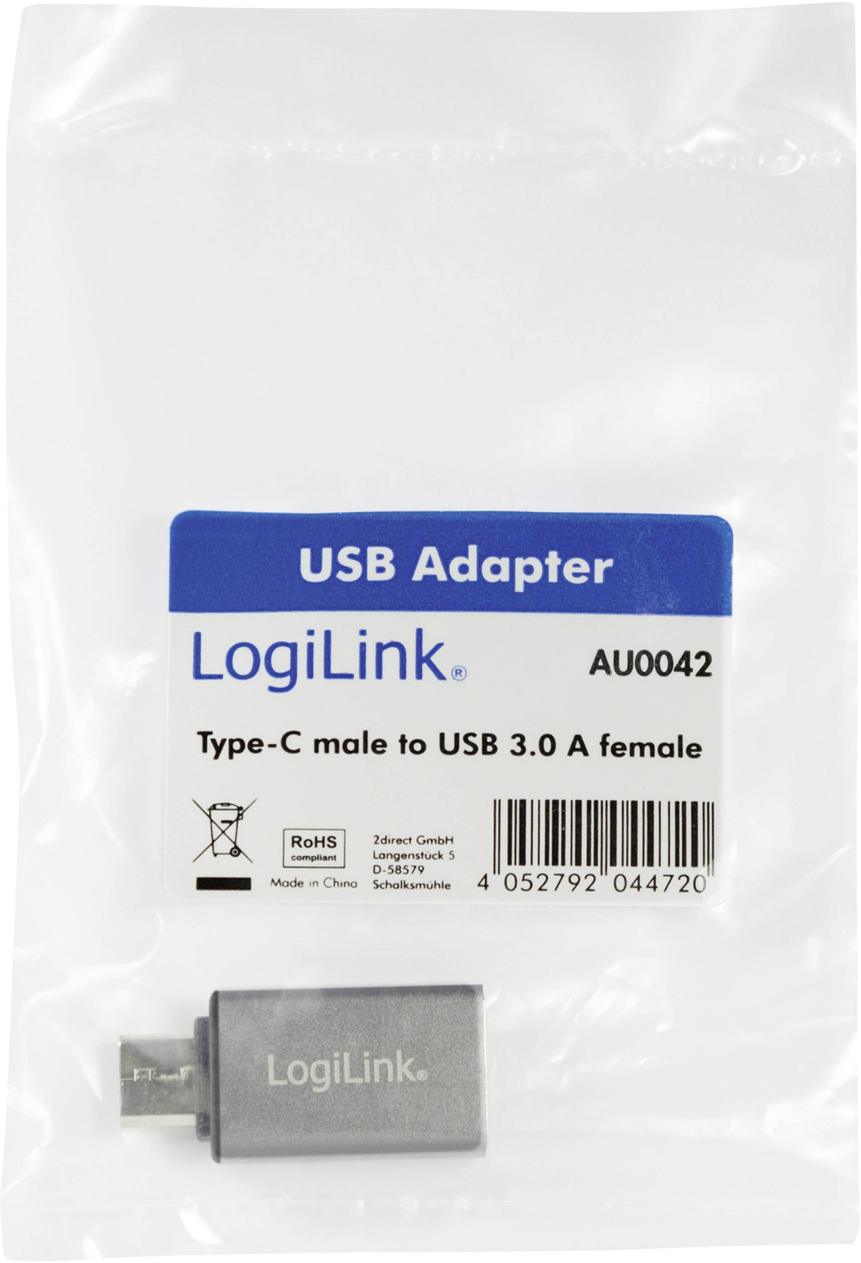 'USB Adapter LogiLink AU0042: Type-C male zu USB 3.0 A female.' Adapter in einer transparenten Verpackung mit Marken- und Produkthinweisen.