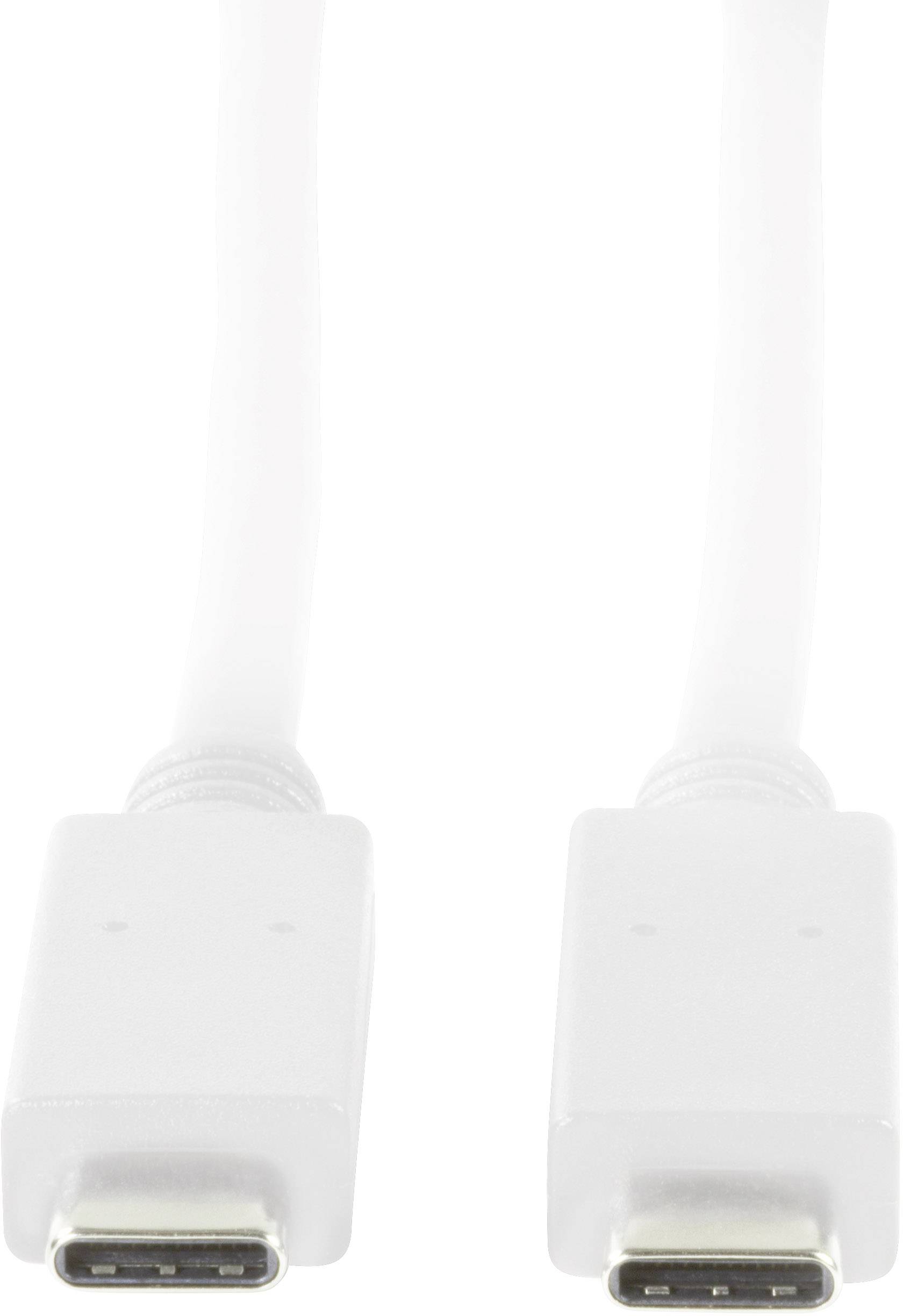 Zwei USB-C-Kabel, weiß, mit ovalem Steckerdesign, symmetrisch angeordnet. Geeignet für schnelle Datenübertragung und Aufladung.