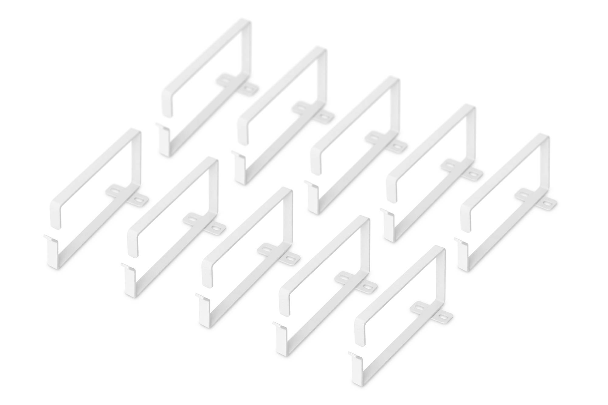 Weiße Metallhaken in zwei parallelen Reihen angeordnet, jeweils fünf Haken pro Reihe.