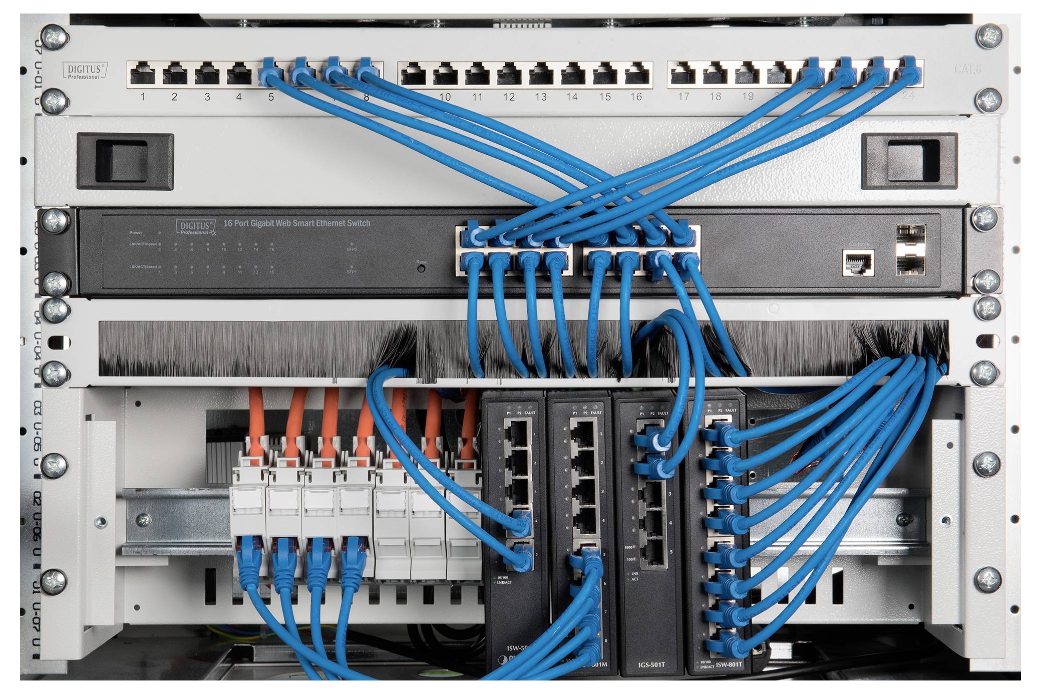 Ein Netzwerk-Serverrack mit mehreren Reihen von blauen und roten Ethernet-Kabeln, die an Patchpanels und Switches angeschlossen sind und eine organisierte Kabelführung zeigen.