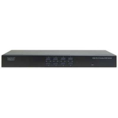 Ein schwarzer USB PS/2 Combo KVM Switch mit mehreren Tastenreihen auf der Vorderseite, geeignet für die Verbindung mehrerer Computer.