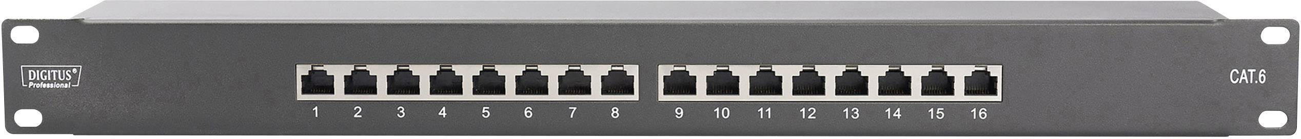 Ein grauer Ethernet-Patchpanel mit 16 nummerierten LAN-Ports, geeignet für die Netzwerkwartung und Organisation in IT-Racks.