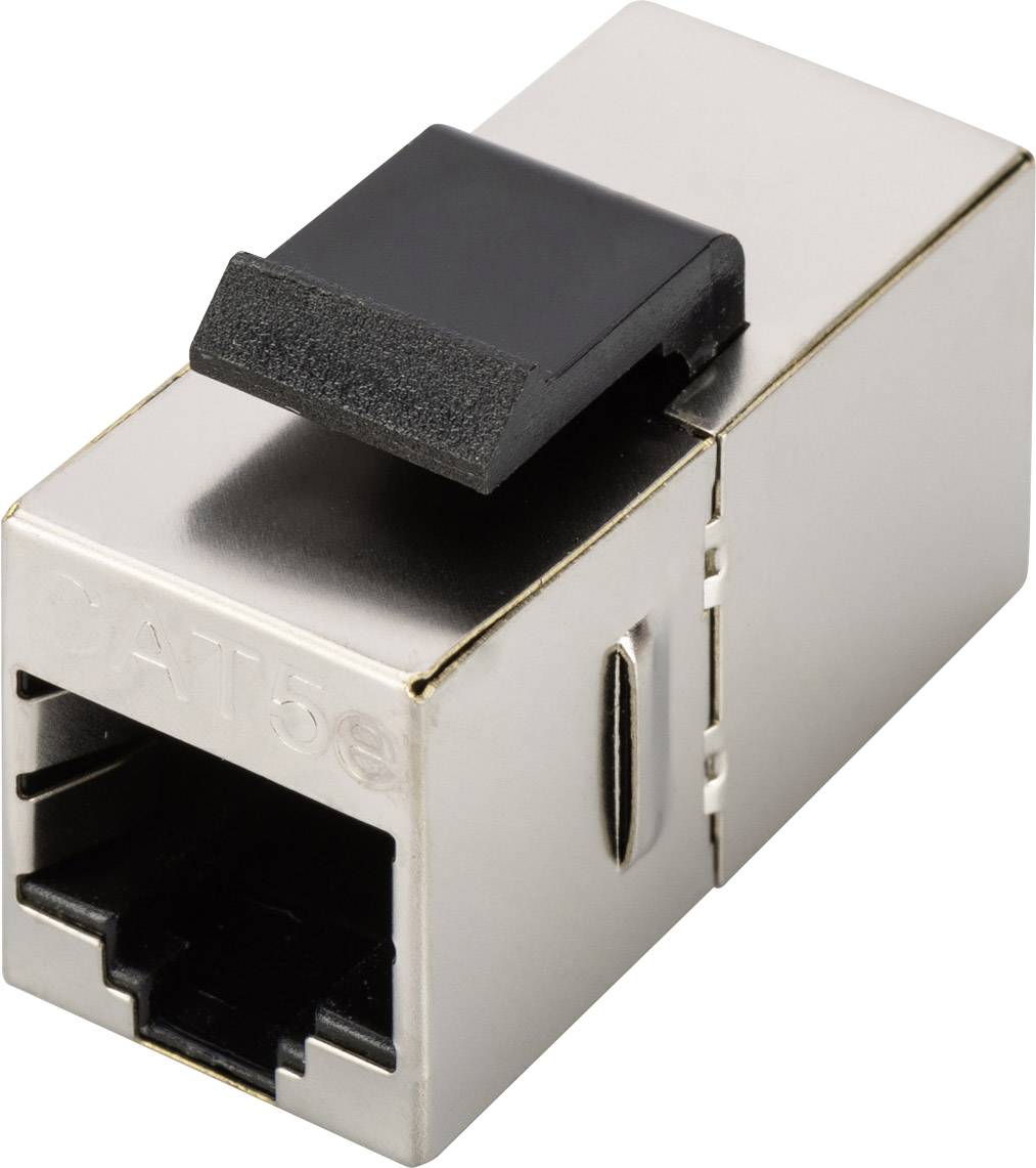 Ein RJ45-Netzwerkstecker in Nahaufnahme, zeigt die Metallverkleidung und die schwarze Kunststofflasche für die Kabelverbindung.