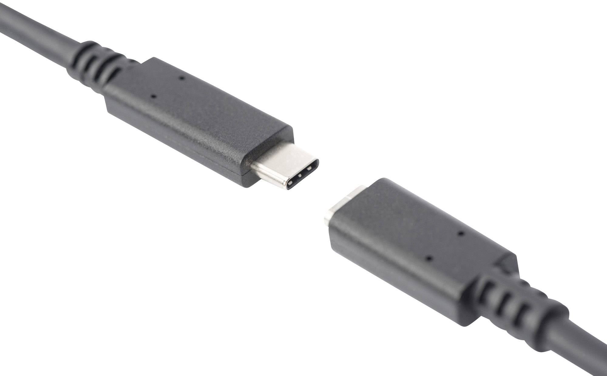 Zwei USB-C-Stecker mit schwarzen Kabeln nähern sich einander, zeigen Anschlussmöglichkeiten für Datenübertragung oder Stromversorgung.