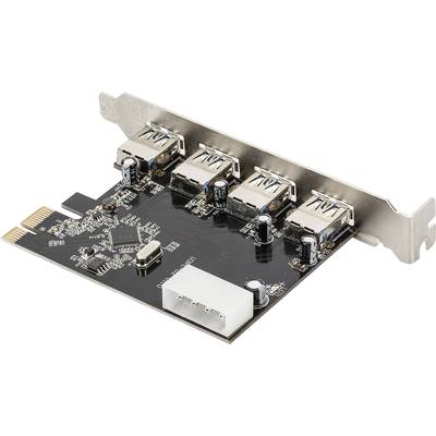 Erweiterungskarte mit vier USB-Ports, PCIe-Anschluss und Stromanschluss. Verwendbar zum Hinzufügen zusätzlicher USB-Anschlüsse.