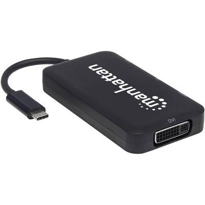 Ein schwarzer Adapter mit 'Manhattan'-Logo, DVI- und USB-C-Anschlüssen, geeignet für die Verbindung von Computern mit externen Anzeigen.