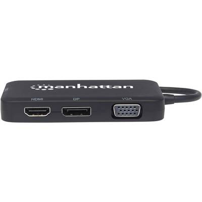 Schwarzer Adapter mit drei Anschlüssen: HDMI, DisplayPort (DP) und VGA. Aufschrift: 'manhattan'. Dient zur Videoverbindung.