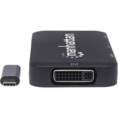 Ein schwarzer Adapter mit der Aufschrift 'manhattan', der einen USB-C-Stecker in einen DVI-Anschluss umwandelt.