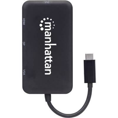 Adapter mit der Aufschrift 'manhattan', hat Anschlüsse für DVI, HDMI, DisplayPort und VGA, verbunden mit einem USB-C-Kabel.