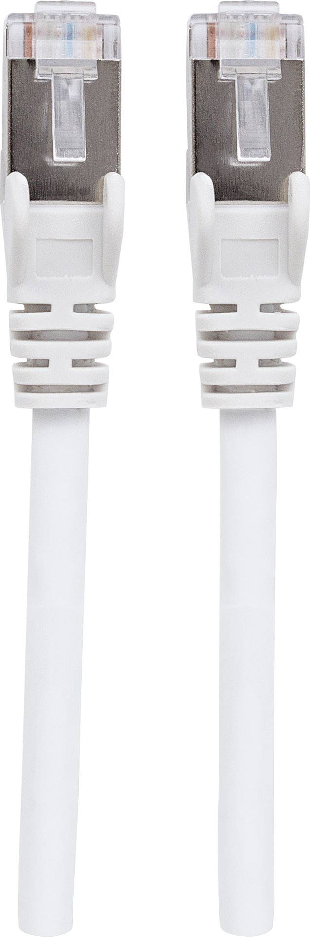 Zwei weiße Ethernet-Kabel mit transparenten Steckern, die vertikal nebeneinander liegen.