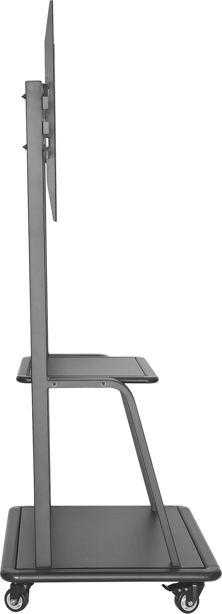 Seitenansicht eines schwarzen, rollbaren TV-Ständers mit flachem Bildschirm, schwenkbarem Arm und Ablagefläche darunter.