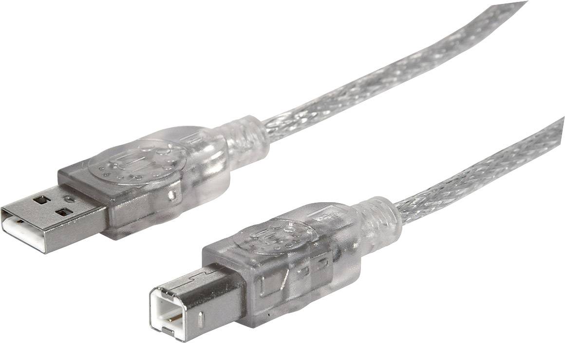 Transparentes USB-Kabel mit einem Typ-A-Stecker auf der linken Seite und einem Typ-B-Stecker auf der rechten Seite.
