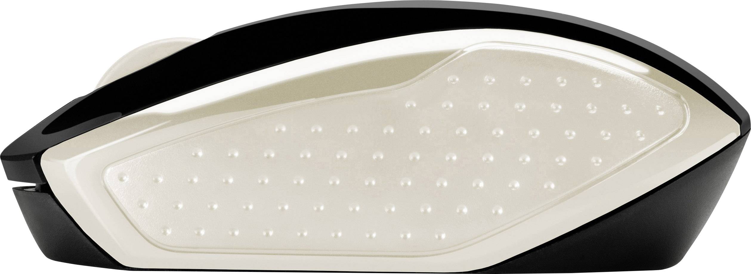 Eine kabellose Computermaus in Seitenansicht mit glattem, ergonomischem Design und Punktmuster auf der Seite für besseren Halt.