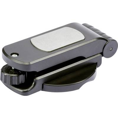 Ein schwarzer Gürtelclip-Halter mit silbernem Aufkleber, kompakt und flach gestaltet, auf einer weißen Oberfläche liegend.
