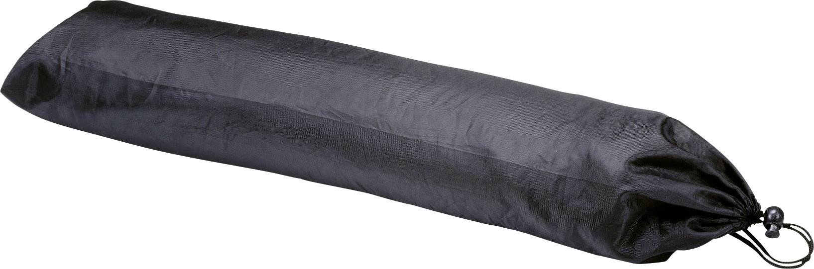 Ein schwarzer, länglicher Beutel aus Stoff mit einem Kordelzugverschluss am Ende, vermutlich ein Aufbewahrungsbeutel.