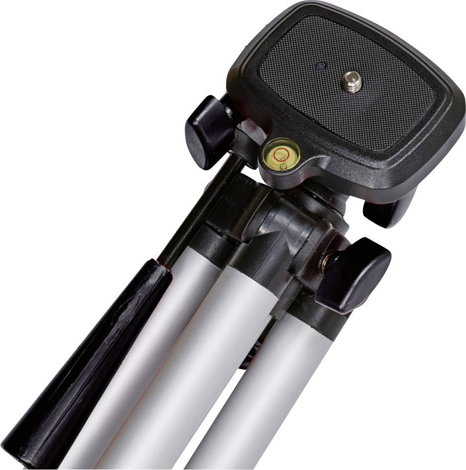 Ein schwarzes Kamerastativ mit drei silbernen Beinen und einer Wasserwaage auf der Platte, geeignet für Kameras und Fotoaufnahmen.