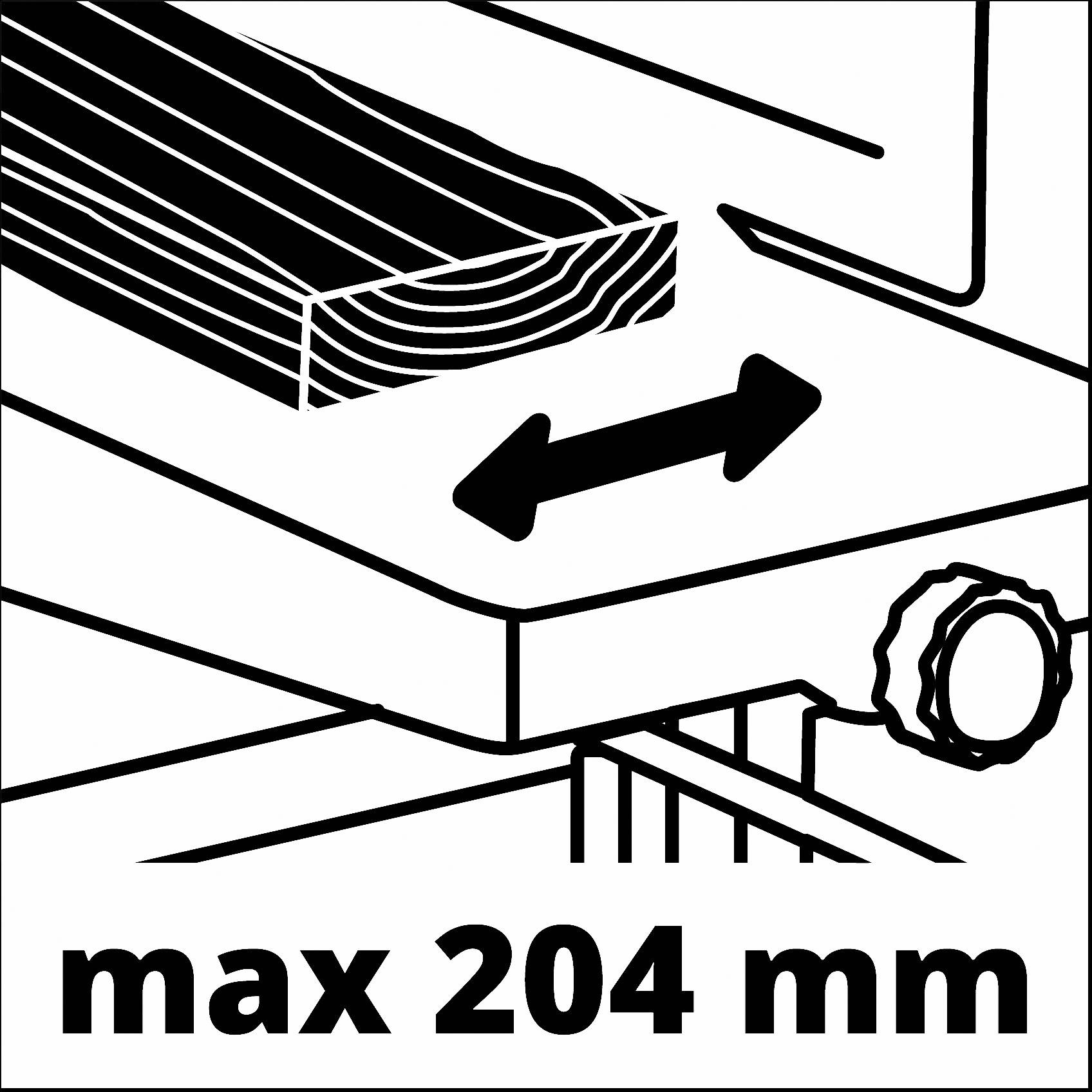 Holzbalken in einer Vorrichtung, die aufzeigt, dass die maximale Schnittbreite 204 mm beträgt.