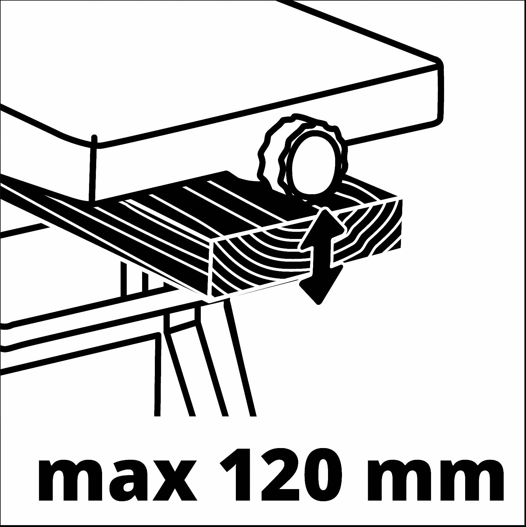 Schwarz-weiß Diagramm eines Tisches mit einem Schraubknopf zur Höhenverstellung. Text 'max 120 mm' zeigt die maximale Dicke an.