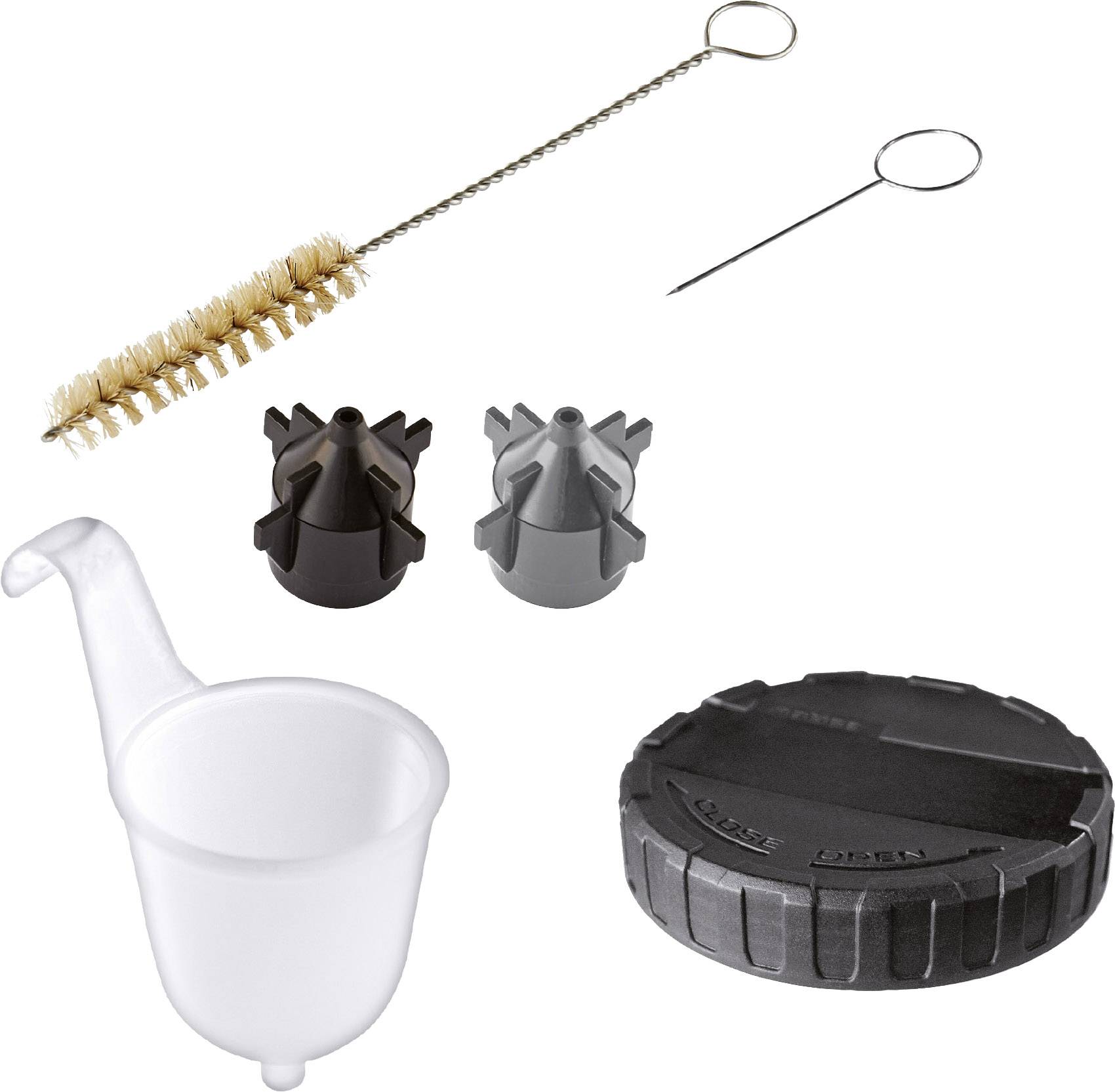 Ein Set von Zubehörteilen für die Wartung einer Kaffeemaschine, bestehend aus einer Bürste, einer Nadel, zwei Düsenaufsätzen, einem Behälter und einem Deckel.