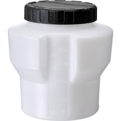 Weiße Kunststoffflasche mit schwarzem Schraubverschluss. Die Flasche hat eine Skala an der Seite, die in Unzen und Millilitern markiert ist.
