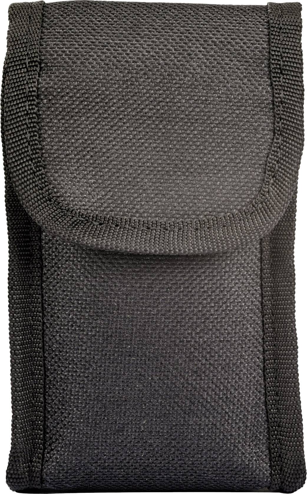 Schwarzes, rechteckiges Etui aus textilgewebtem Material, mit Klappe oben.