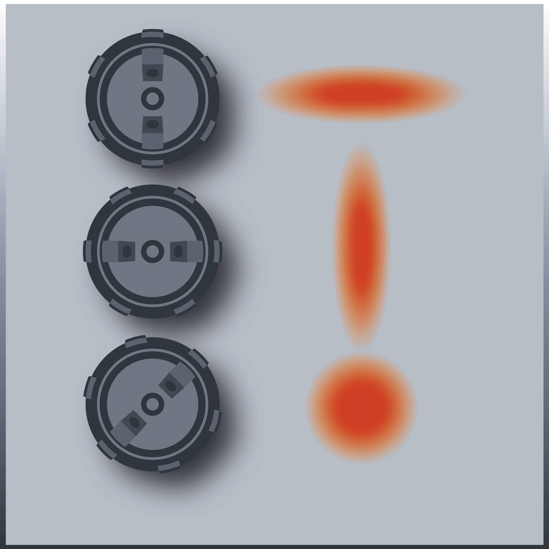 Drei stilisierte Lautsprecher links und ein leuchtendes rotes Ausrufezeichen rechts auf grauem Hintergrund, symbolisiert Lautstärke oder Alarm.