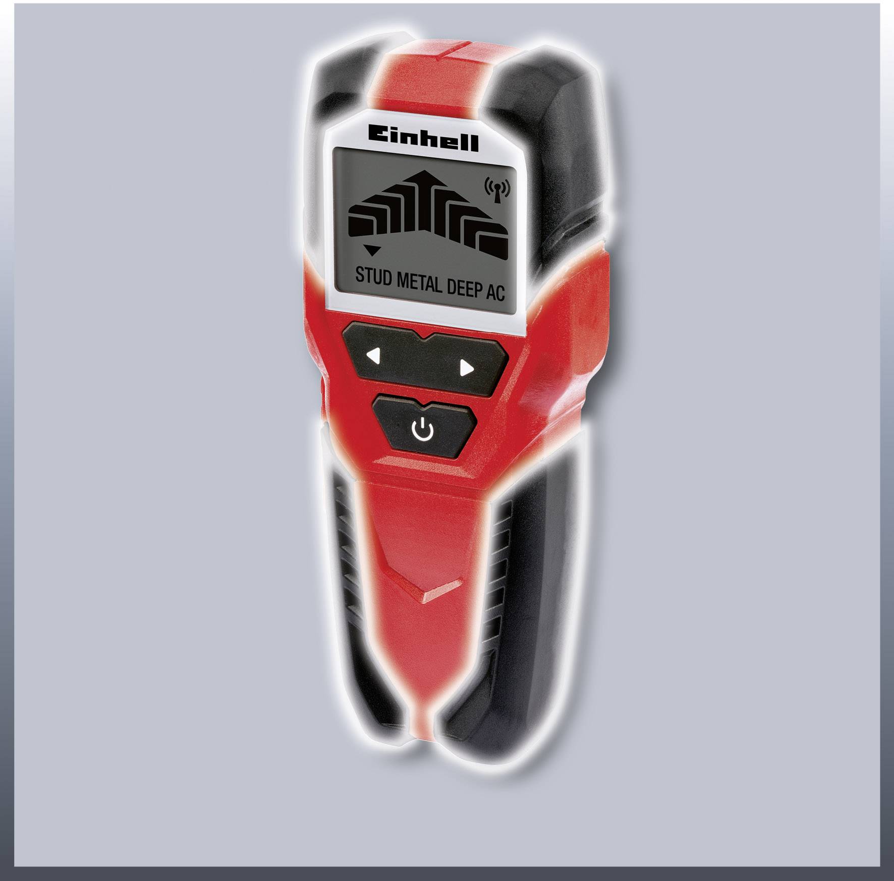 Digitaler Ortungsgerät in Rot und Schwarz, kennzeichnet mit 'Stud Metal Deep AC'. Wird zur Detektion von Metall und Elektroleitungen verwendet.