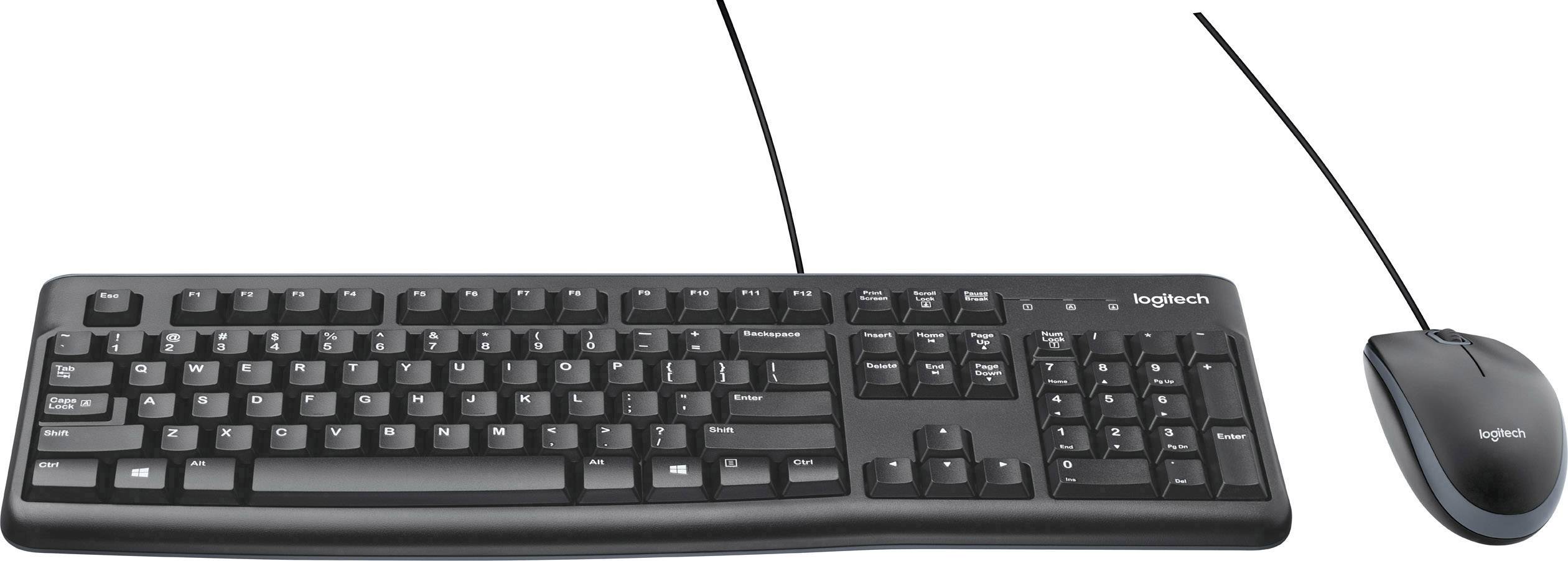 Schwarze kabelgebundene Tastatur und Maus von Logitech, nebeneinander liegend auf weißem Hintergrund.