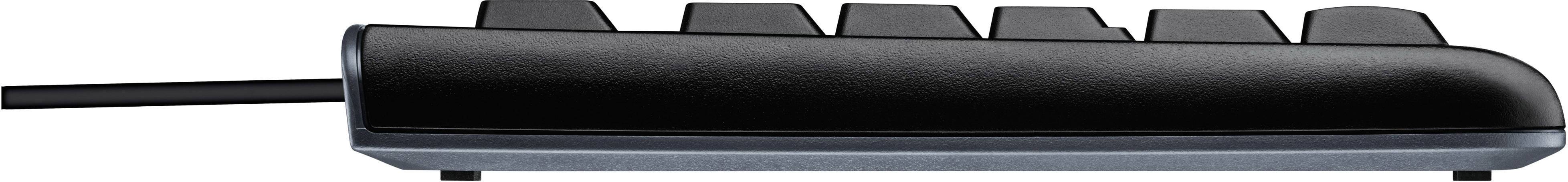 Seitliche Nahaufnahme einer Tastatur mit fünf erhabenen Tasten und einem Kabel, das aus der linken Seite kommt.