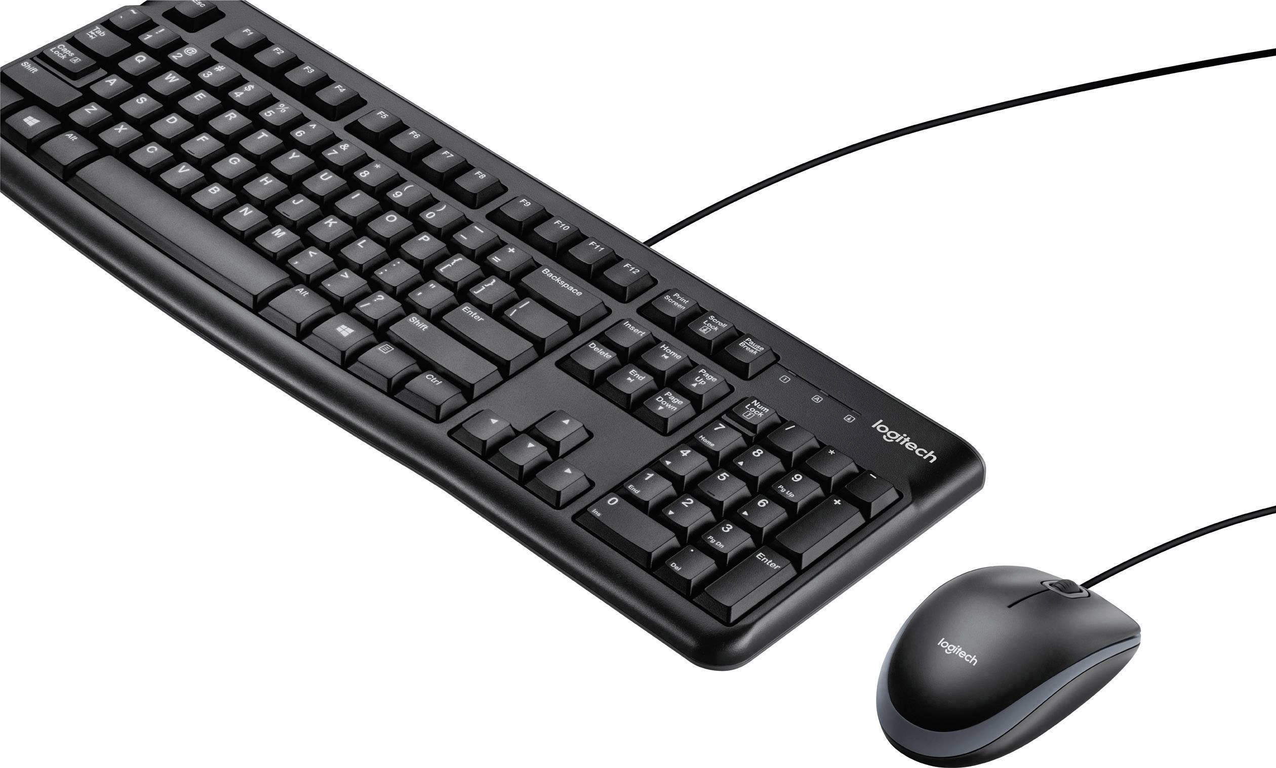 Eine schwarze kabelgebundene Tastatur und Maus von Logitech, auf hellem Hintergrund angeordnet.