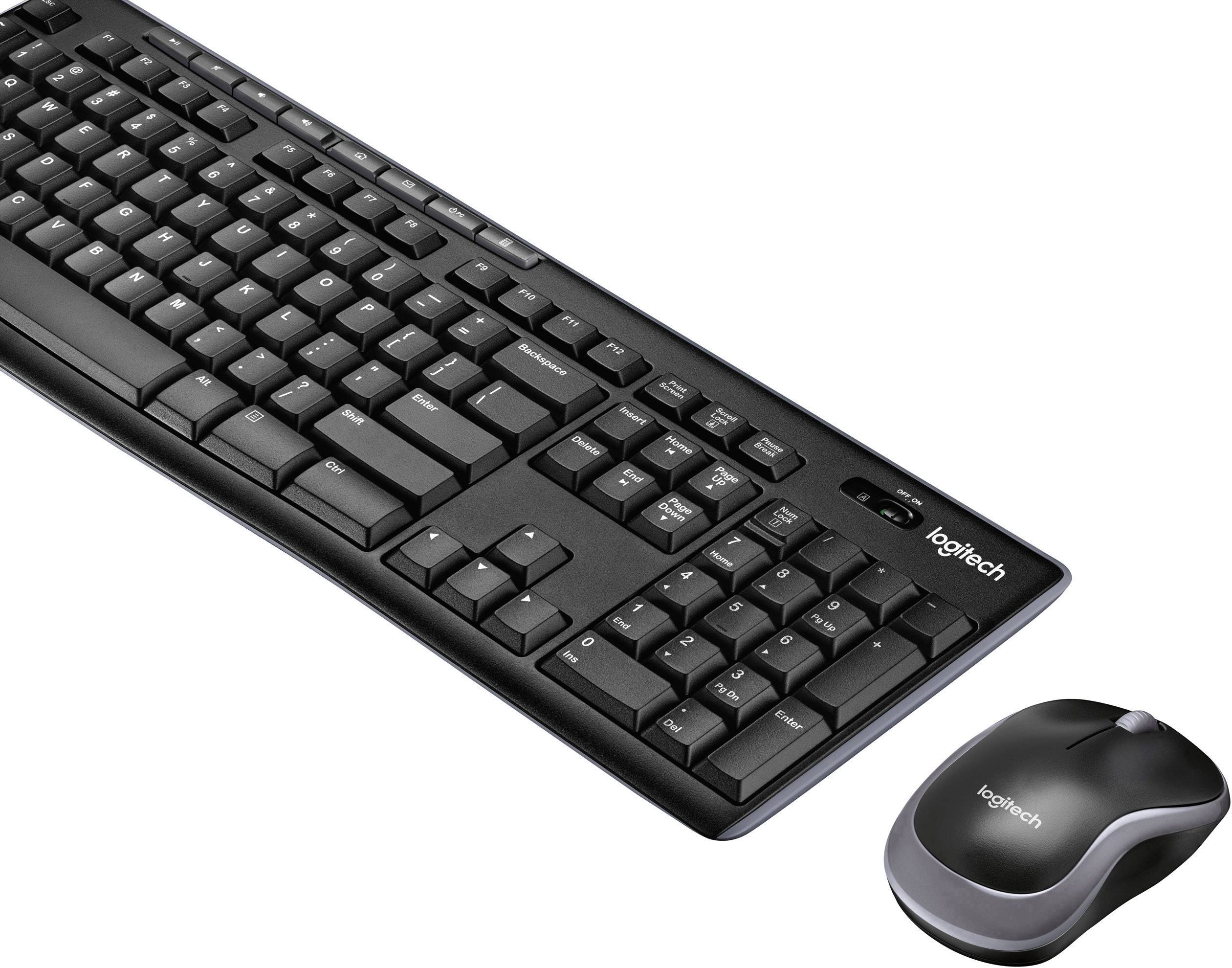 Eine kabellose, schwarze Tastatur und Maus von Logitech. Die Tastatur hat ein schlankes Design mit vollständigem Tastenlayout.