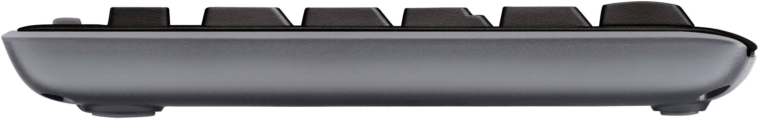 Seitliche Ansicht einer schlanken Laptop-Tastatur mit flachen Tasten.