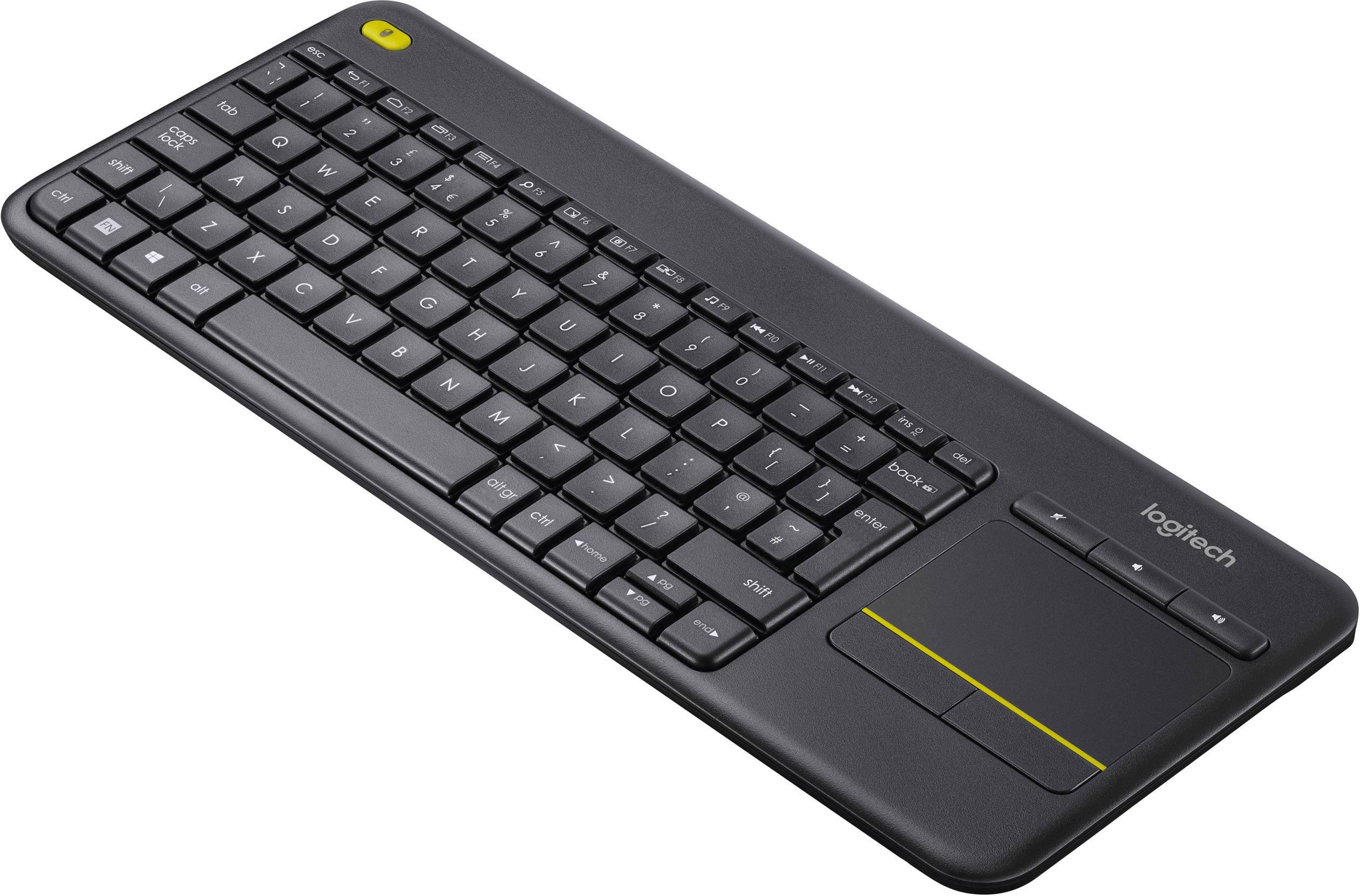 Schwarze kabellose Tastatur mit integriertem Touchpad auf der rechten Seite.